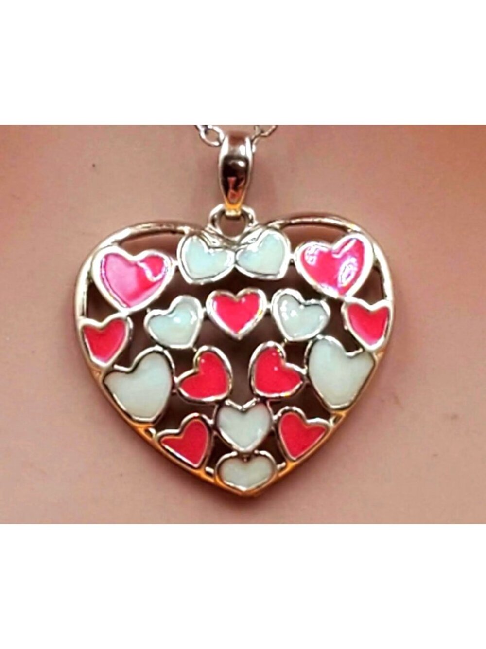 Heart-Shaped Pendant Necklace With Multi-Colored Enamel Hearts